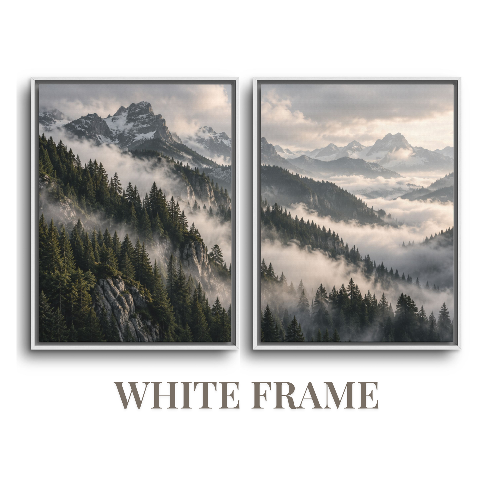 Two-piece panoramic mountain diptych white framed canvas set featuring dense evergreen pine ridges and rolling valley