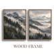 Two-piece panoramic mountain diptych wood framed canvas set featuring dense evergreen pine ridges and rolling valley