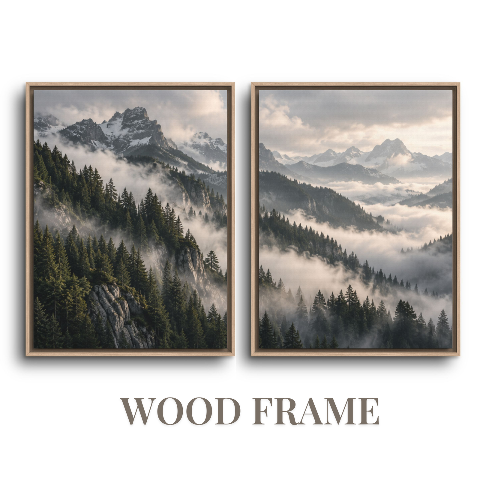 Two-piece panoramic mountain diptych wood framed canvas set featuring dense evergreen pine ridges and rolling valley